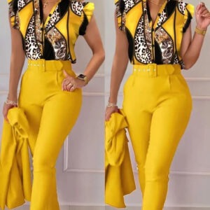Women Casual Temperament Ruffled Sleeve Print Shirt Pants Two Piece Ladies Sets