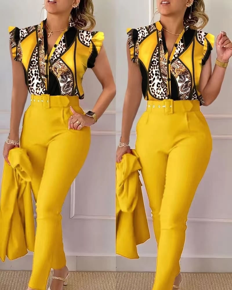 Women Casual Temperament Ruffled Sleeve Print Shirt Pants Two Piece Ladies Sets